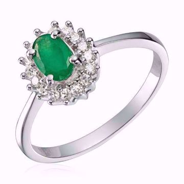 Diamantring, rosett - 585 hvitt gull med smaragd og diamanter 0,16 ct. WSI