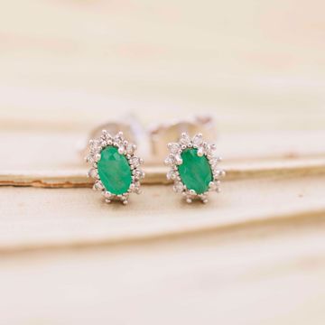 Diamantøredobber i rosett med Smaragd - 585 hvitt gull 0,08 ct. WSI.