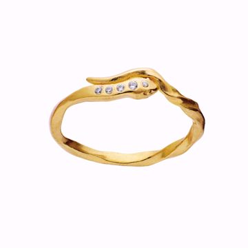 Ring i gullforgylt sølv, formet som en slange med 5 hvite zirkonia.