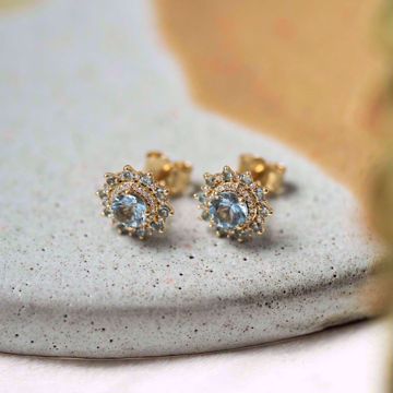 Diamantøredobber med Akvamarin - 585 gult gull 0,08 ct. WP