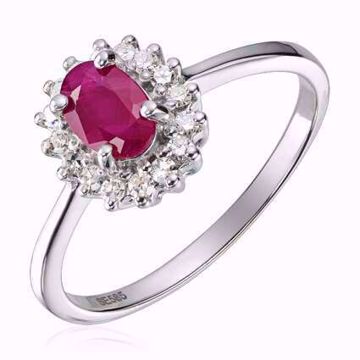 Diamantring, rosett - 585 hvitt gull med rubin og diamanter 0,16 ct. WSI