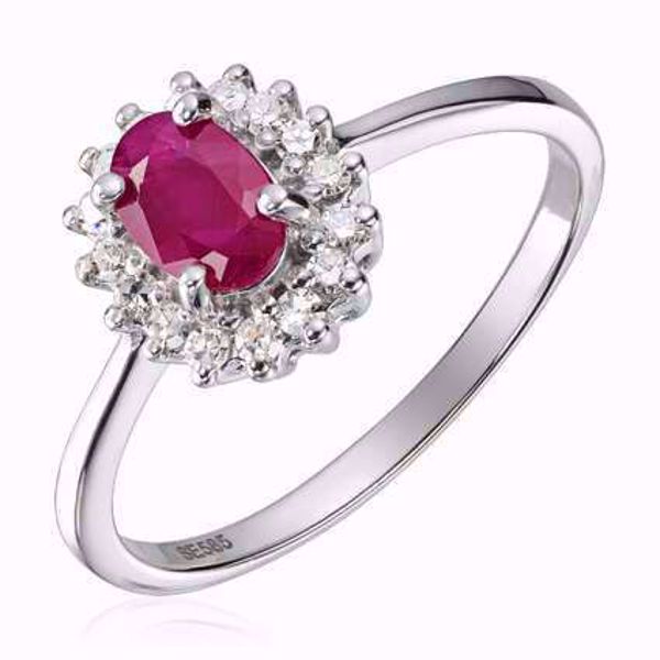 Diamantring, rosett - 585 hvitt gull med rubin og diamanter 0,16 ct. WSI