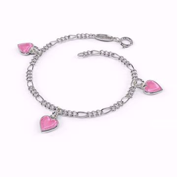 Armbånd i sølv og emalje. 3 rosa hjerte-charms. 