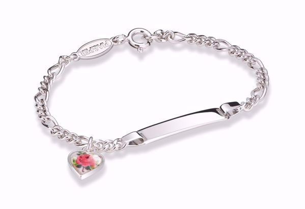 Armbånd i sølv med graveringsplate og emaljehjerte med rose-motiv.  