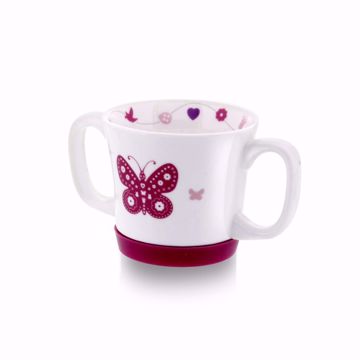 Barnekopp i porselen med dobbel hank og rosa sommerfugl-motiv. 
