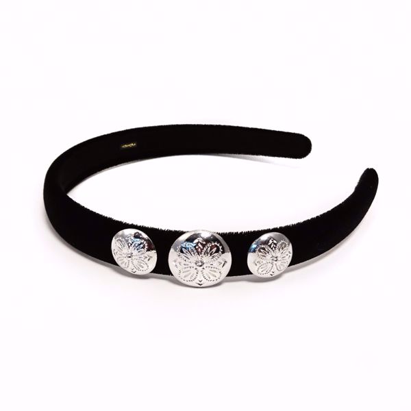 Hårbøyle til bunad i sort velur med dekor i stål. Passer både voksne og barn. 