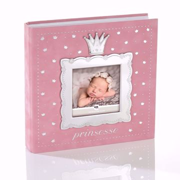 Fotoalbum til barn og baby i lys rosa velur med graveringsfelter i tinn. 