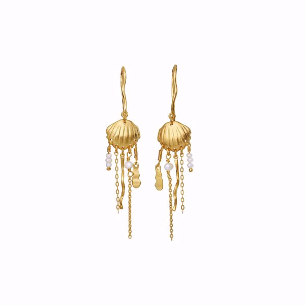 Store, hengende ørepynt i forgylt sølv. Øredobbene er formet som skjell, og har dekorative kjeder som henger ned. 