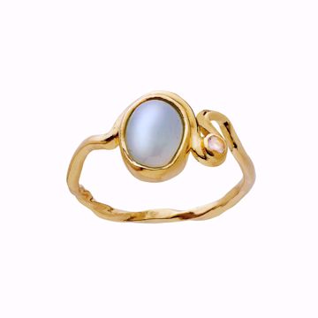 Maanesten Lorelei Ring - 925 forgylt sølv, kalsedon, regnbuemånesten.