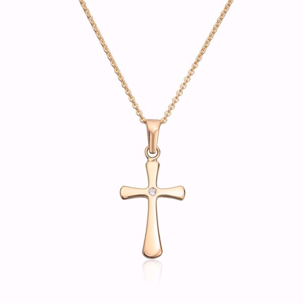 Gullanheng, kors med diamant - 585 gult gull 0,01 ct.