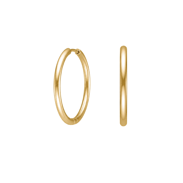Calma Hoops Øreringer 21 mm., enkle gullfargede creoler i rustfritt stål. 
