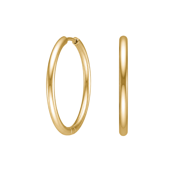 Calma Hoops Øreringer 25 mm., stilrene gullfargede creoler i rustfritt stål. 