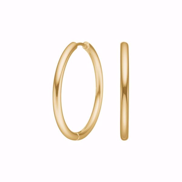 Calma Hoops Øreringer 30 mm., runde gullfargede creoler i rustfritt stål.