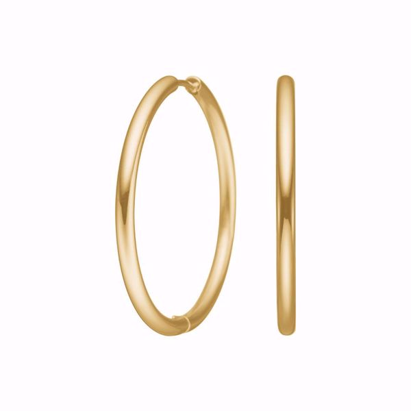 Calma Hoops Øreringer 35 mm., store gullfargede creoler i rustfritt stål.